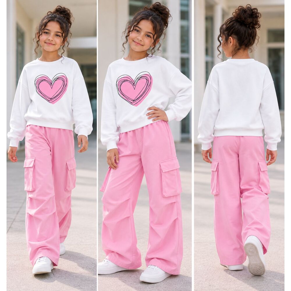 Girls 2 Piece Heart Print Sweatshirt Cargo Pants Set Casual School Outfit 7-15Y
